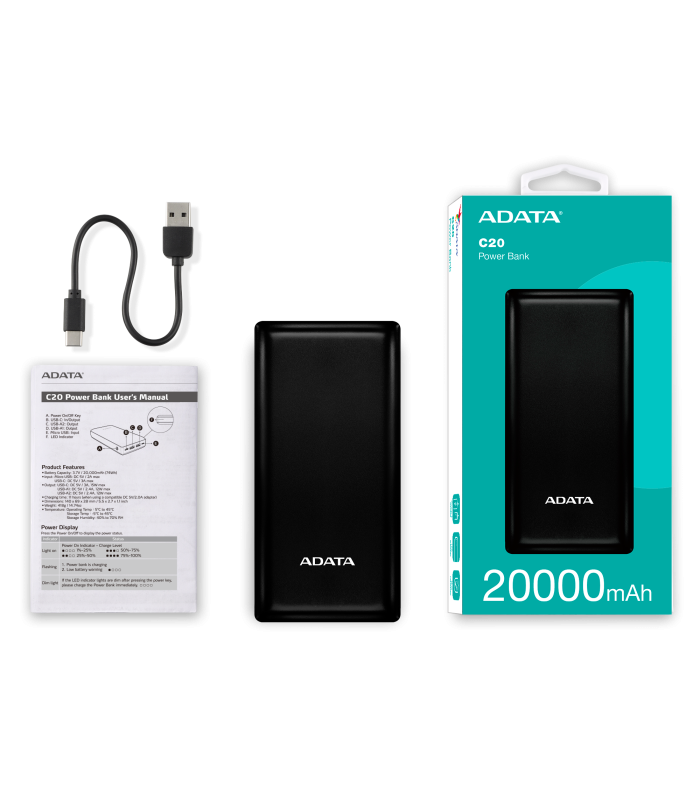 پاوربانک ای دیتا مدل C20 ظرفیت 20000 میلی آمپر ساعت ADATA POWERBANK C20 20000MAH