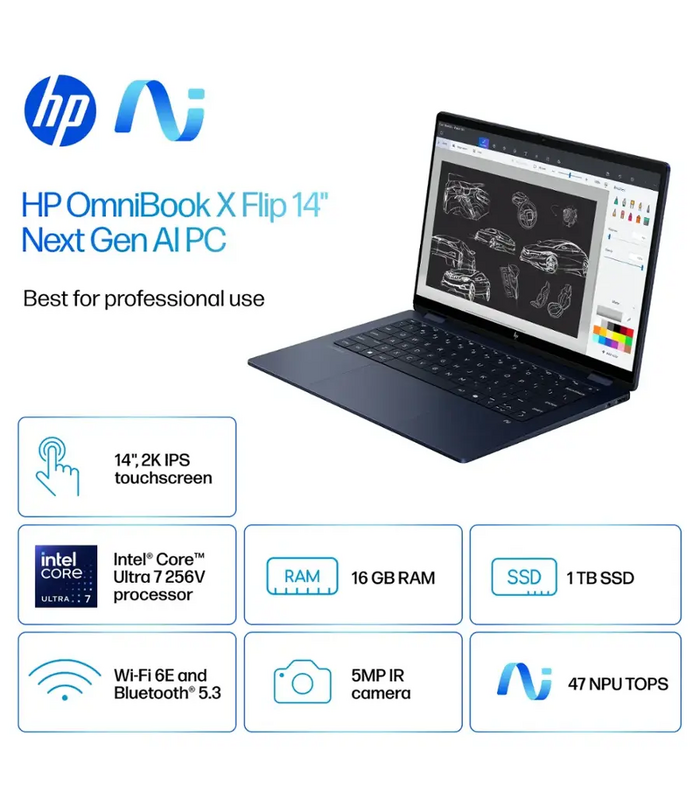 لپ تاپ 14 اینچی لمسی اچ پی مدل LATOP HP OMNIBOOK X FLIP 14 FM0023DX - B - ULTRA 7 256V - 16GB DDR5 - 2TB SSD - ARC 140V - Touch